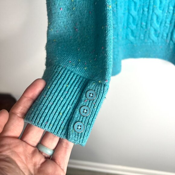 Talbots Button Cuff Cable Knit Tweed Sweater In Turquoise Preppy Crew Neck Sz 2X - Picture 4 of 6